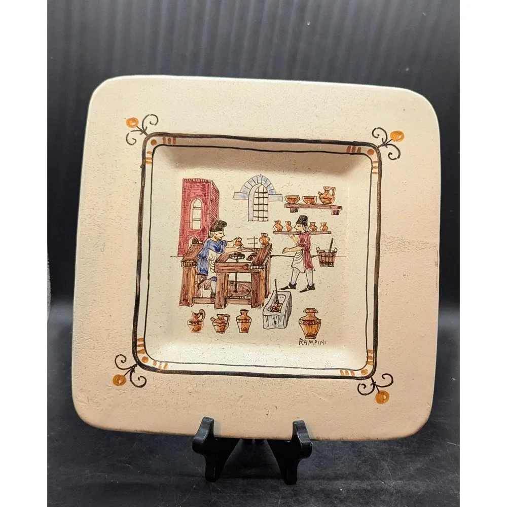 Vintage‎ Rampini Ceramics Italian Pottery Square Wall Plate 10.5